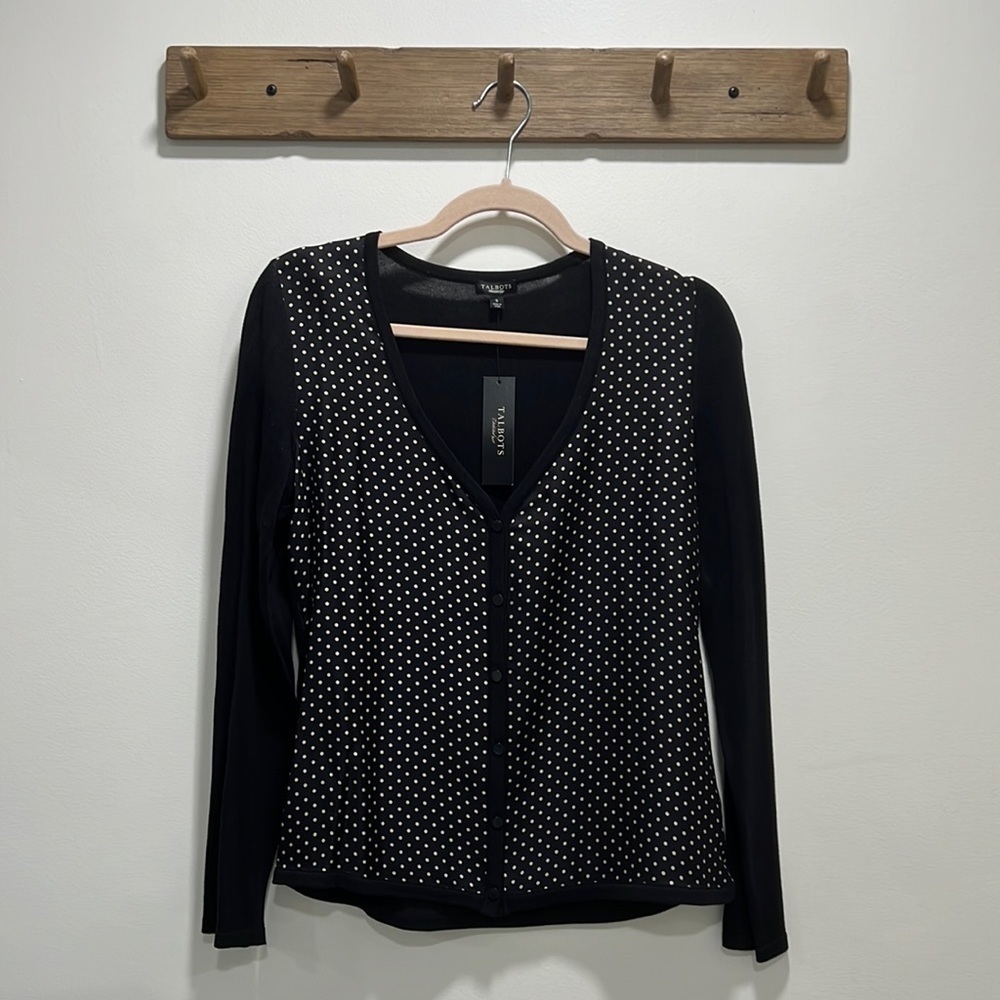 TALBOTS Lightweight Silk Front Black with Cream Polka Dot Cardigan Small